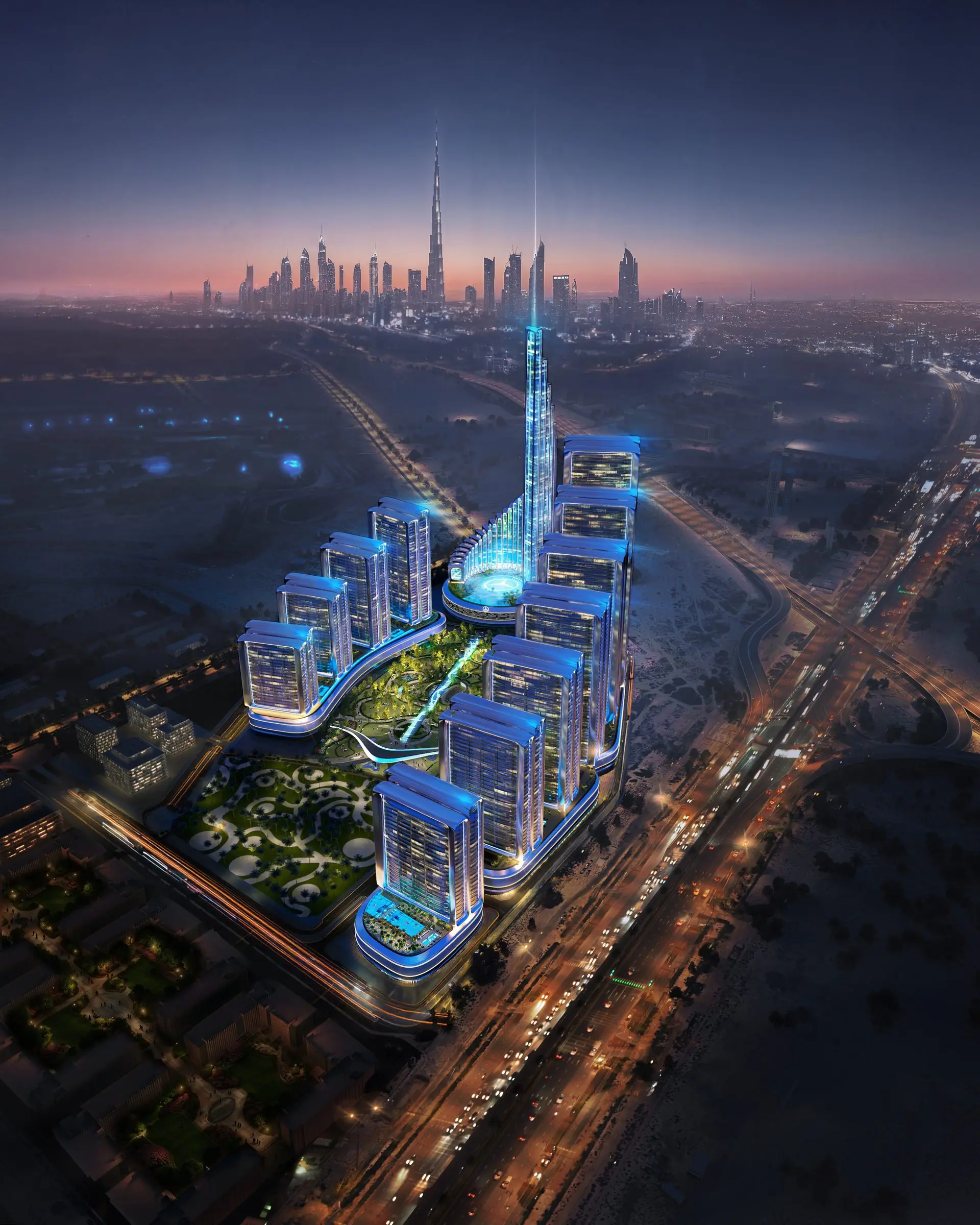 Mercedes-Benz Places by Binghatti - aerial tower view over Downtown Dubai
