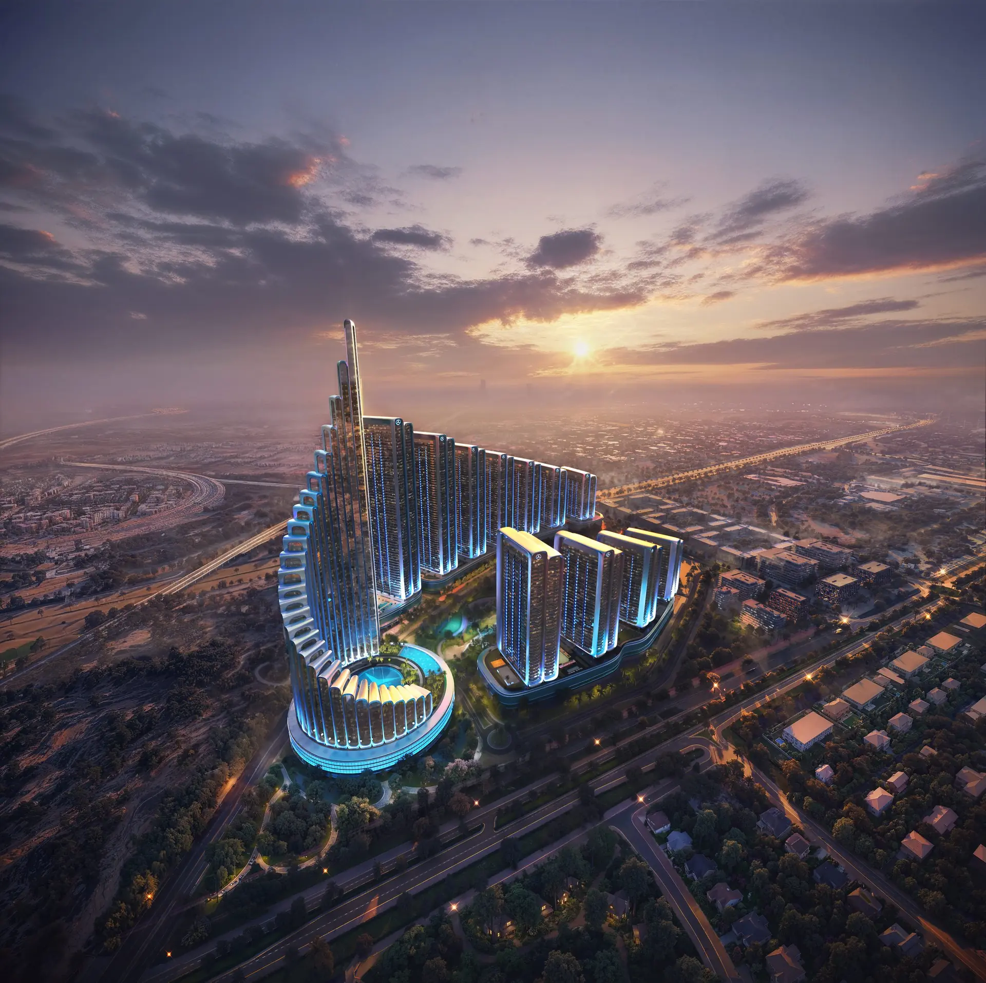 Mercedes-Benz Places by Binghatti - rear bird's-eye view of the tower