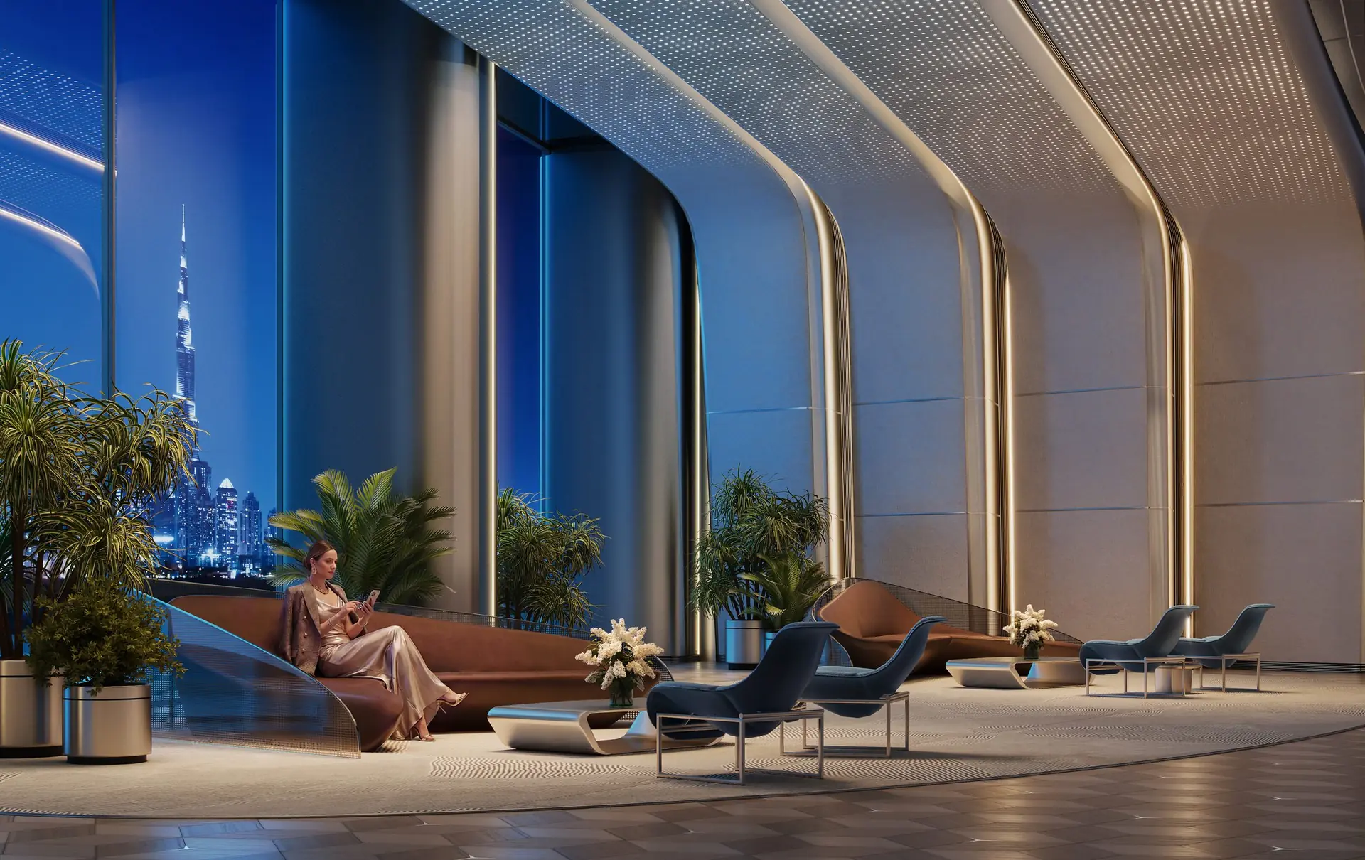 Mercedes-Benz Places by Binghatti - lounge lobby at dusk - Lounge & Concierge