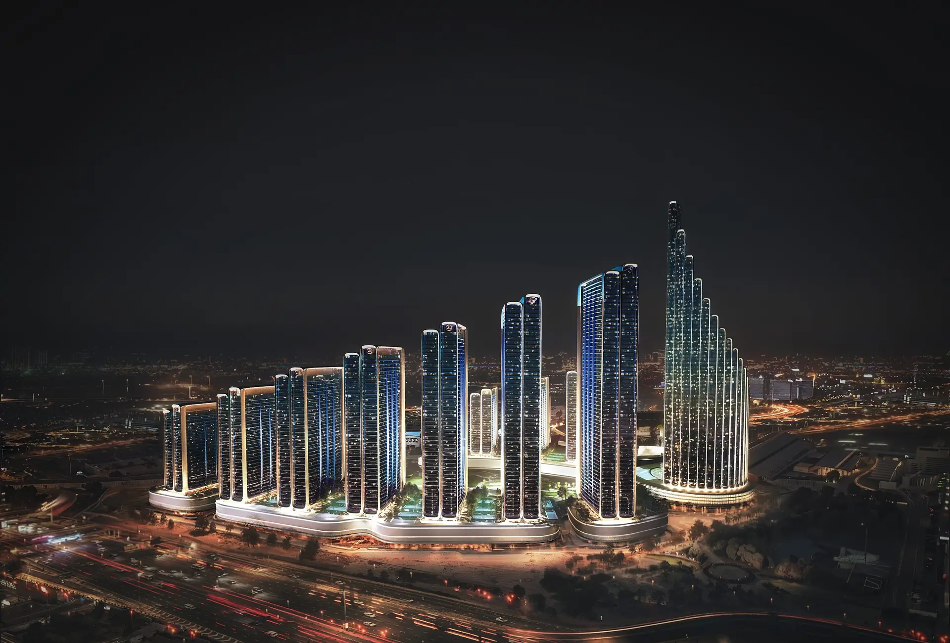 Mercedes-Benz Places by Binghatti - night aerial view, Downtown Dubai