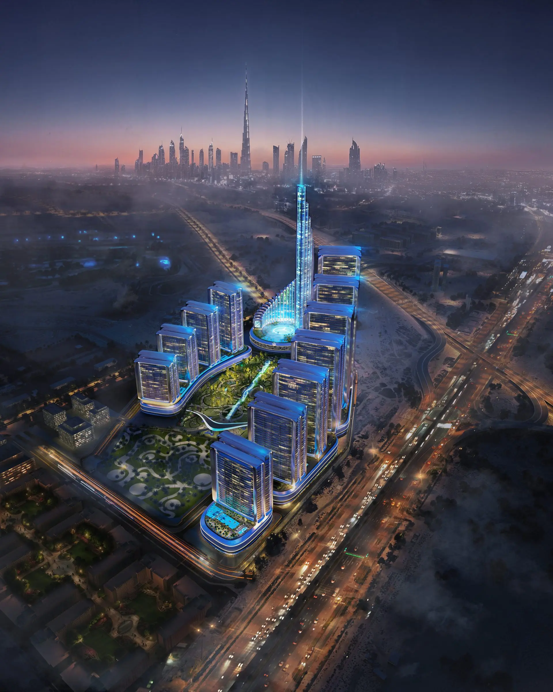 Mercedes-Benz Places by Binghatti - aerial render of the tower above Downtown Dubai